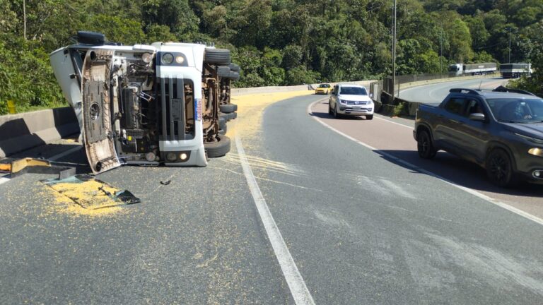 Caminhão tomba na BR-376 e motorista fica ferido